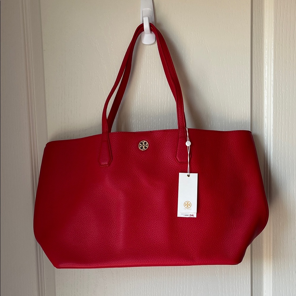 NWT Tory Burch Brody Tote Liberty Red/Beige Pebbled Leather